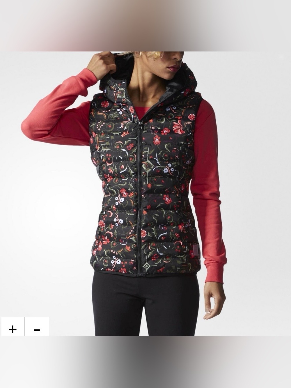 Adidas Puffer Vest Black Quilted Floral Hooded Small